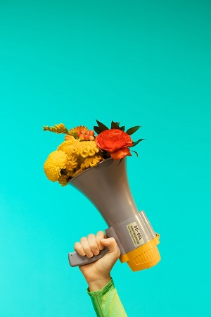 Un megaphone contenant un bouquet de fleurs