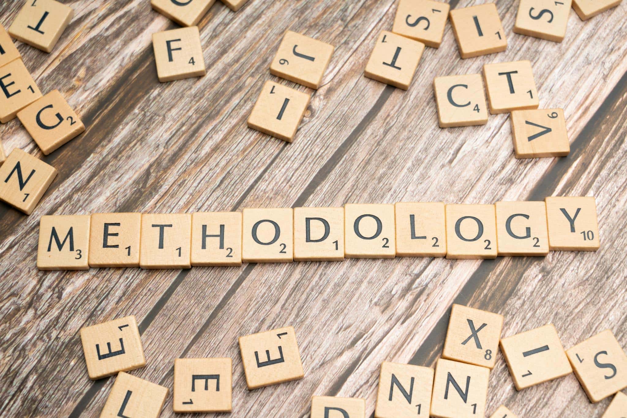Wooden letter tiles spelling 'methodology' on a textured wooden surface, emphasizing research.